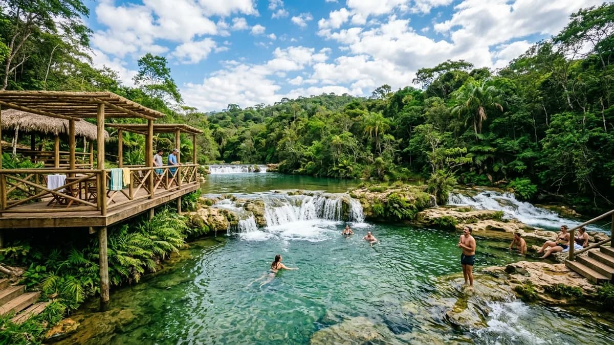Turistas relaxando em pergolados e deques de madeira privativos às margens das piscinas naturais esmeralda do Estrela do Formoso no Rio Formoso em Bonito MS em setembro