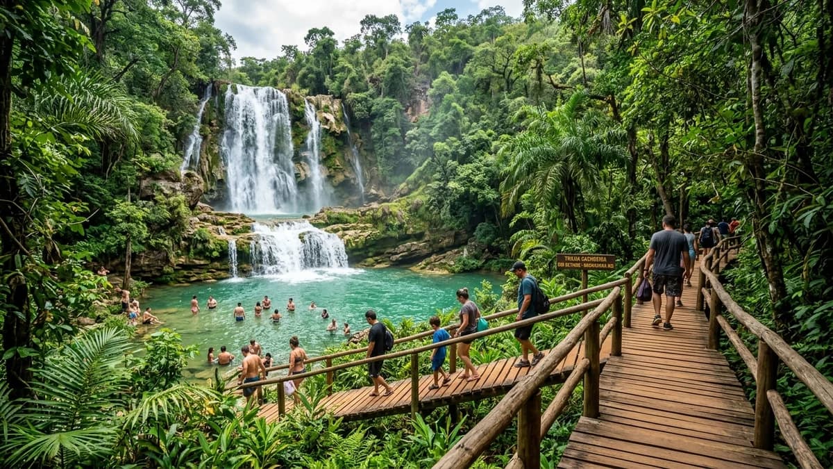 Passarela de madeira suspensa conduzindo banhistas e ecoturistas até cachoeiras e piscinas naturais cristalinas esmeralda do Rio Betione na Serra da Bodoquena MS em setembro